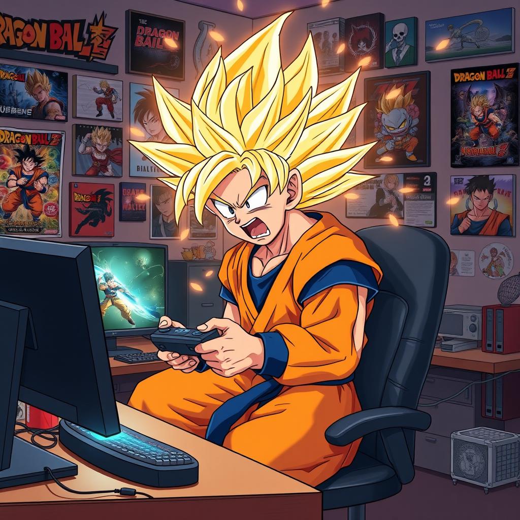 An illustrated scene of Goku, dressed in his recognizable orange gi, in an intense moment of rage as he transforms into Super Saiyan while gaming at a desk