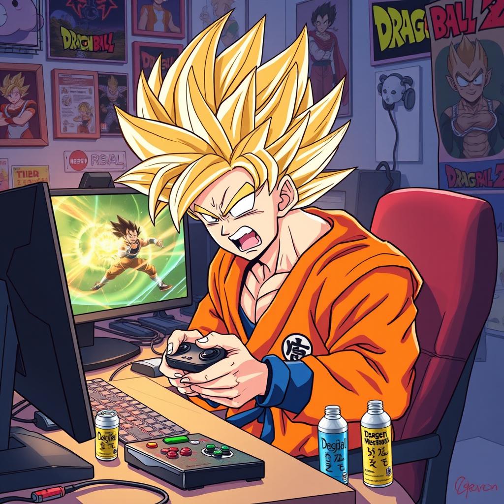 An illustrated scene of Goku, clad in his iconic orange gi, expressing intense rage as he transforms into Super Saiyan while gaming at a desk