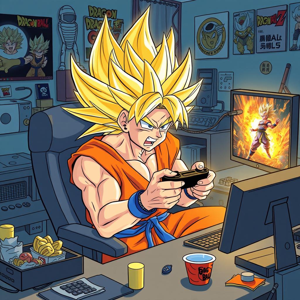An illustrated scene of Goku, dressed in his iconic orange gi, erupting into a Super Saiyan transformation while intensely gaming at his desk