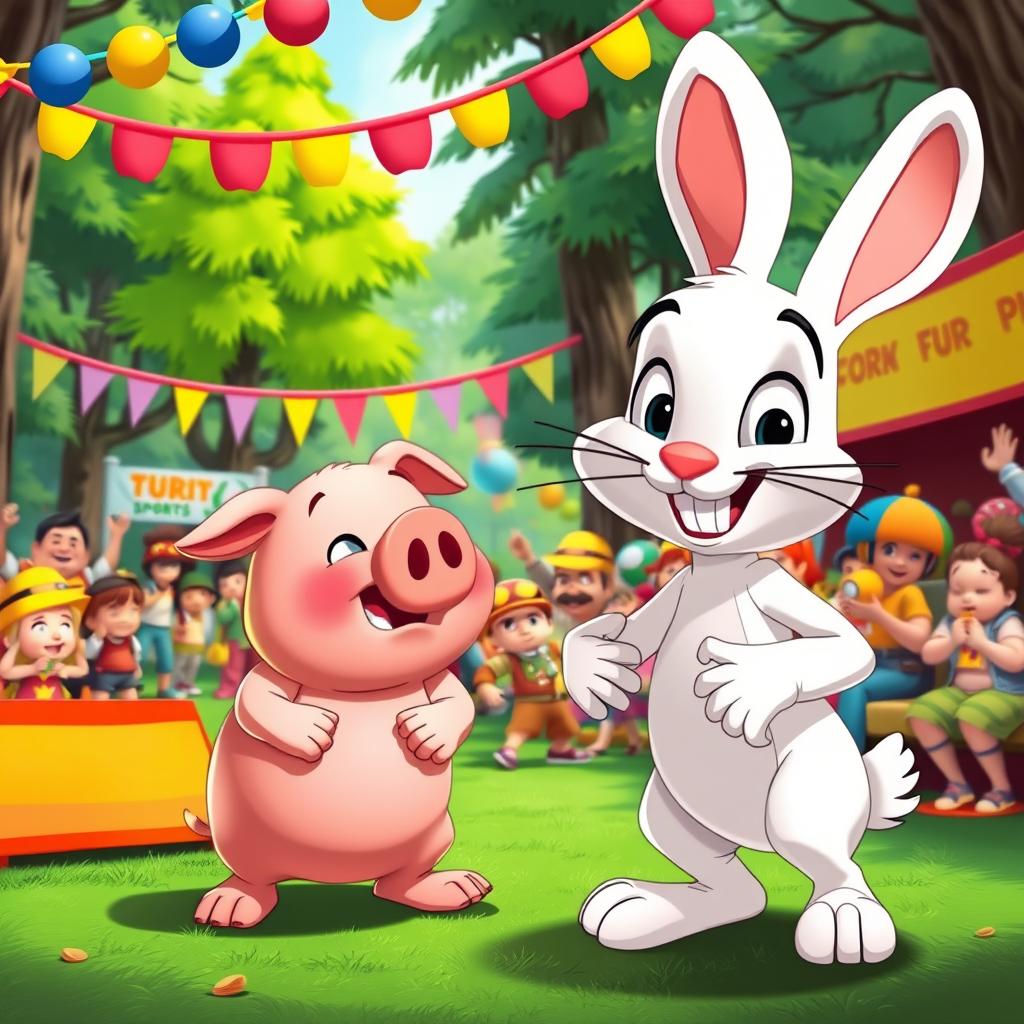In a vibrant, animated cartoon style, a cheerful little white rabbit is playfully mocking a chubby little pig at a lively forest sports event
