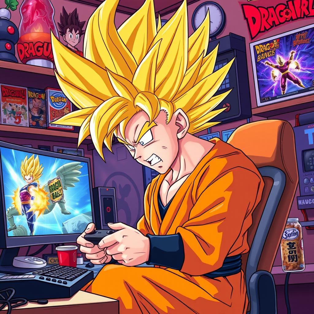 An illustrated scene featuring Goku, in his iconic orange gi, exhibiting an explosive rage as he transforms into Super Saiyan while intensely gaming at a desk
