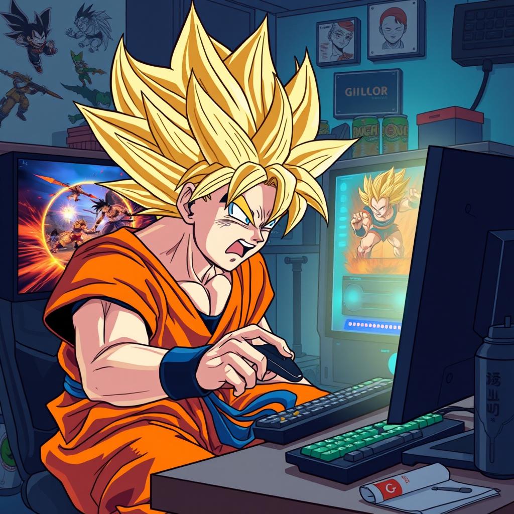An illustrated scene of Goku, dressed in his iconic orange gi, fiercely raging as he undergoes his Super Saiyan transformation while playing games on a powerful gaming PC