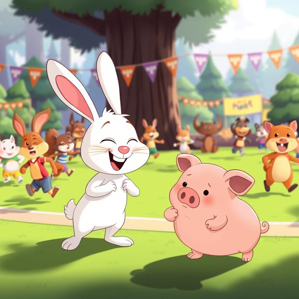 A lively animated cartoon scene at a forest sports event, featuring a small white rabbit mischievously laughing at a chubby little pig