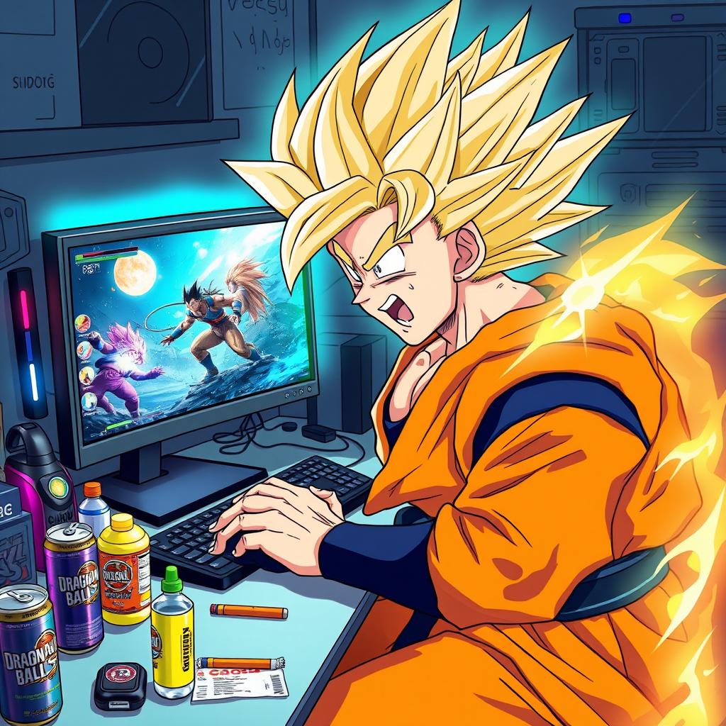 An illustrated scene of Goku, wearing his classic orange gi, furiously transforming into Super Saiyan while gaming on a high-tech PC setup