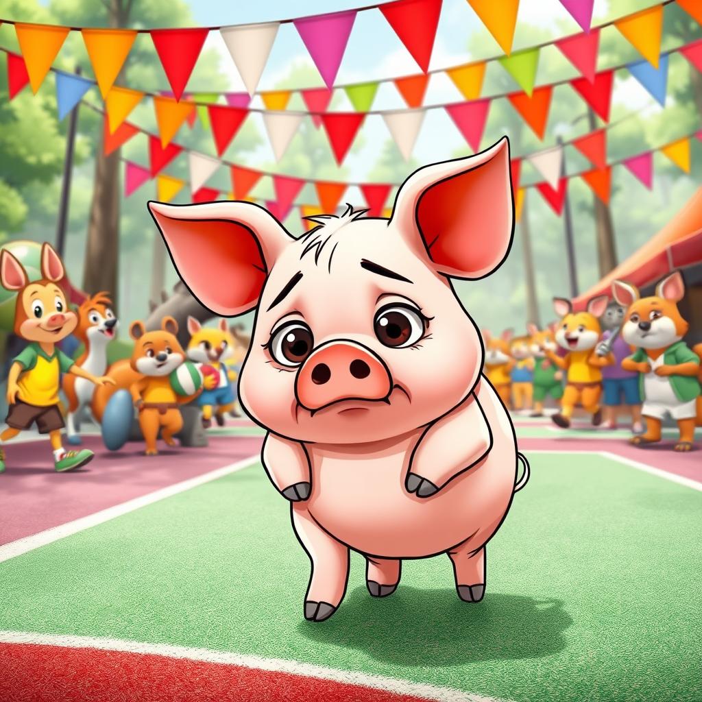 In a lively animated cartoon style, a chubby little pig is walking dejectedly on the playground at a bustling forest sports event
