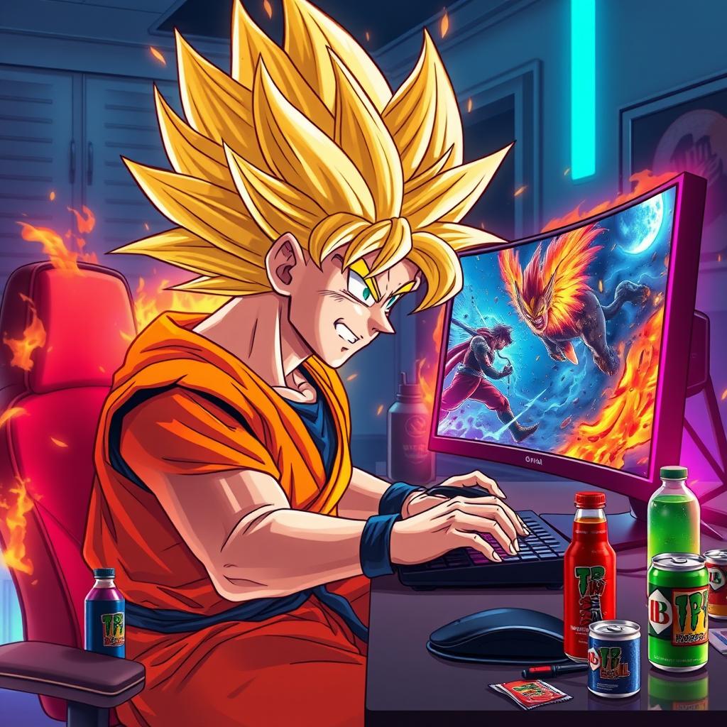 An illustrated scene depicting Goku, clad in his signature orange gi, transforming into Super Saiyan while gaming on a sleek PC setup