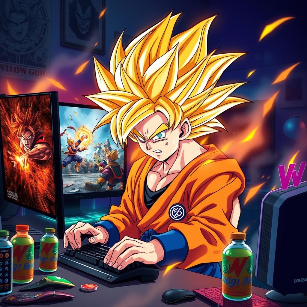 An epic illustration of Goku, in his classic orange gi, erupting into a Super Saiyan transformation while intensely playing games on a state-of-the-art gaming PC