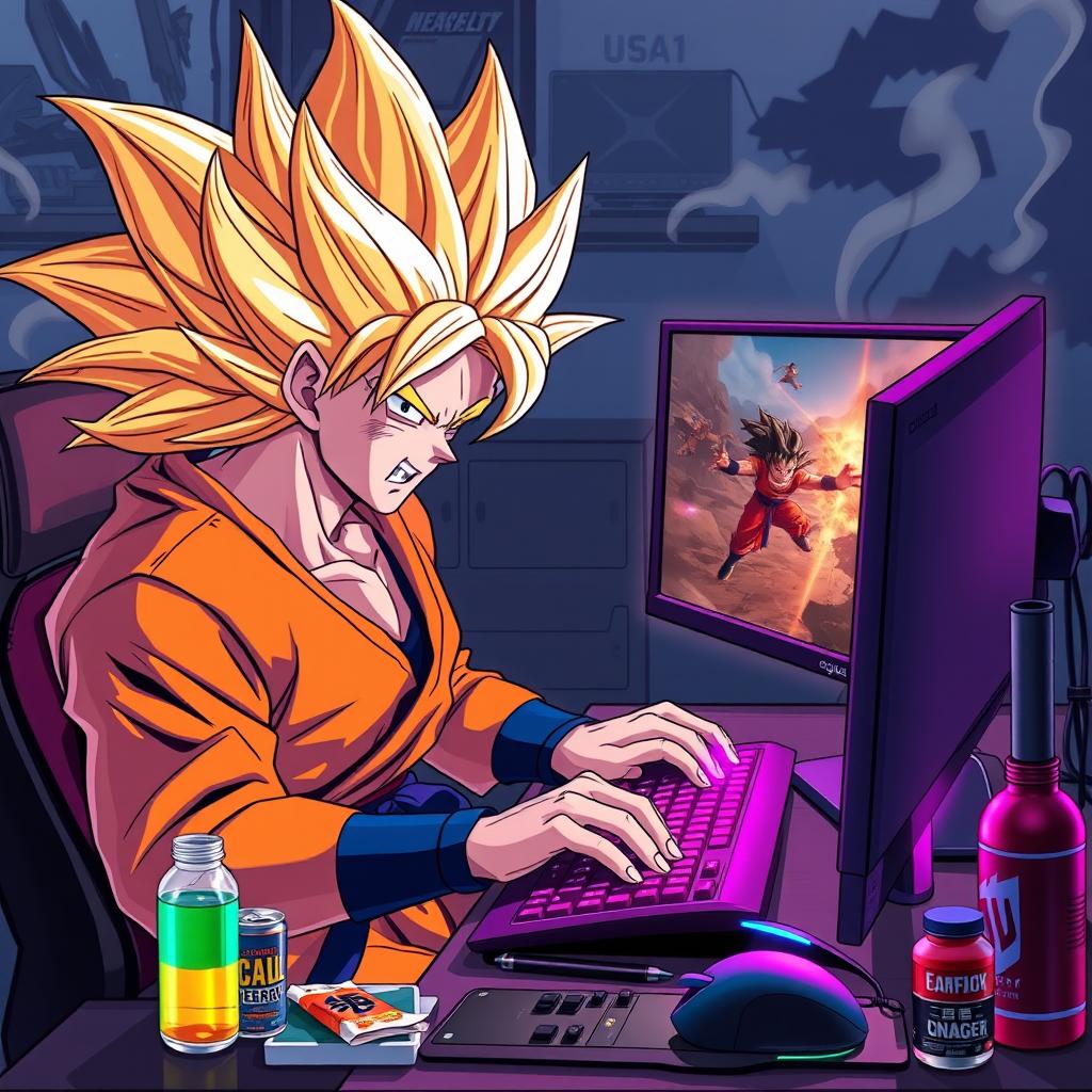 A dynamic illustration of Goku, in his iconic orange gi, intensely transforming into Super Saiyan while engaged in gaming at a modern PC setup