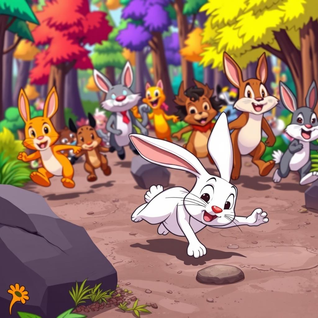 In a vibrant animated cartoon style, a scene depicts various forest animals energetically running ahead during a lively event, while a small white rabbit trips over a rock