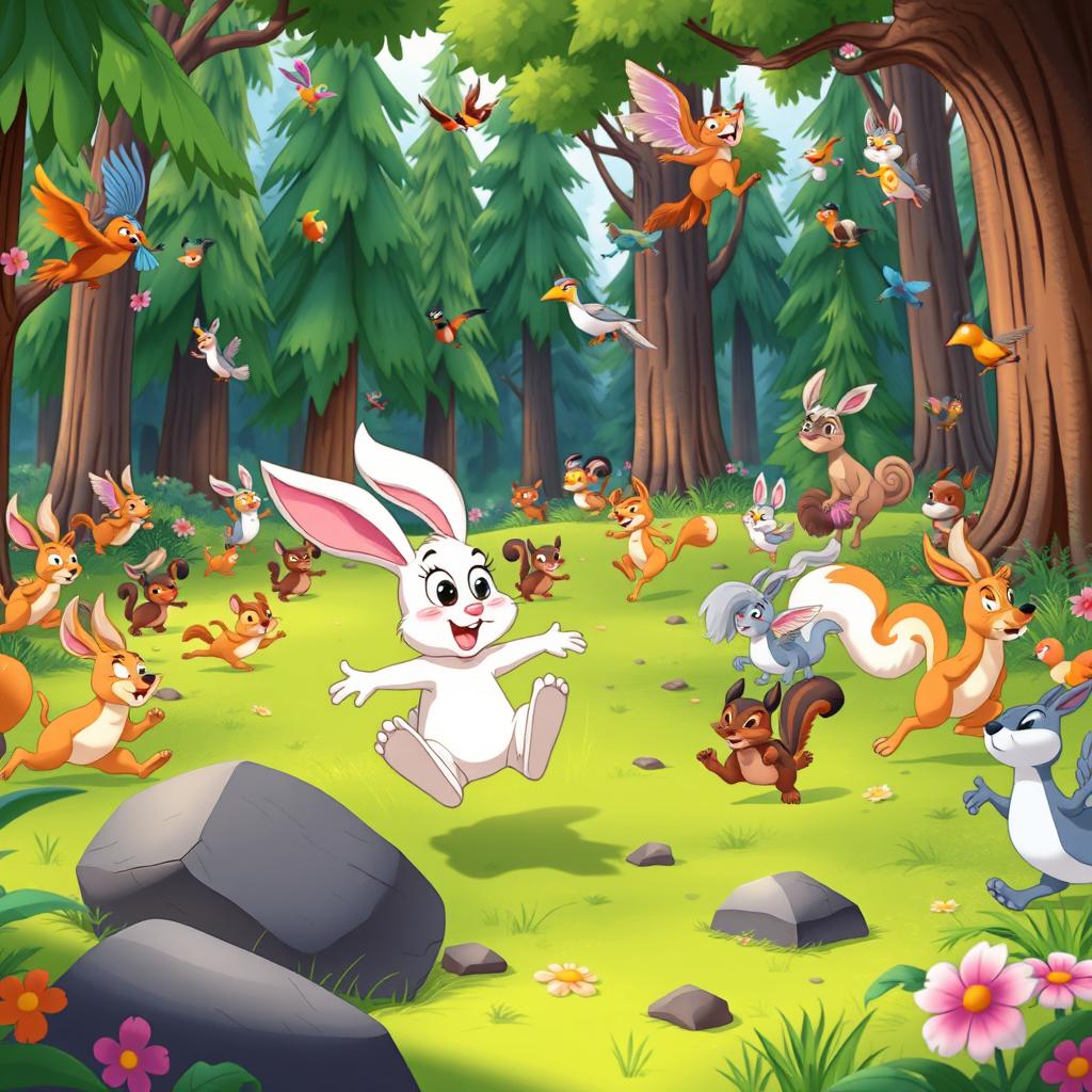 A vibrant animated cartoon scene set in a lush forest where many animals are playfully running in the foreground