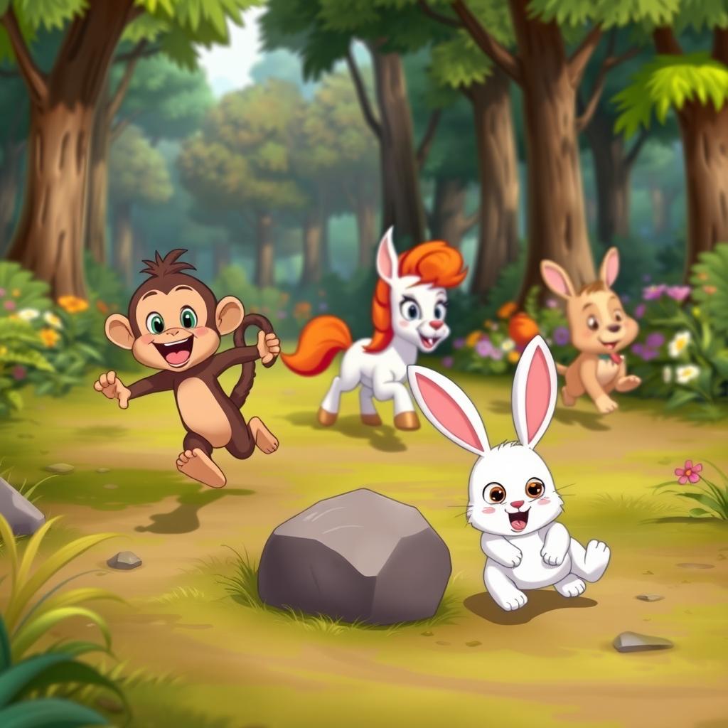 A vibrant animated cartoon scene depicting a lively race in a forest where a small monkey, a little pony, and a playful puppy are joyfully running in the foreground