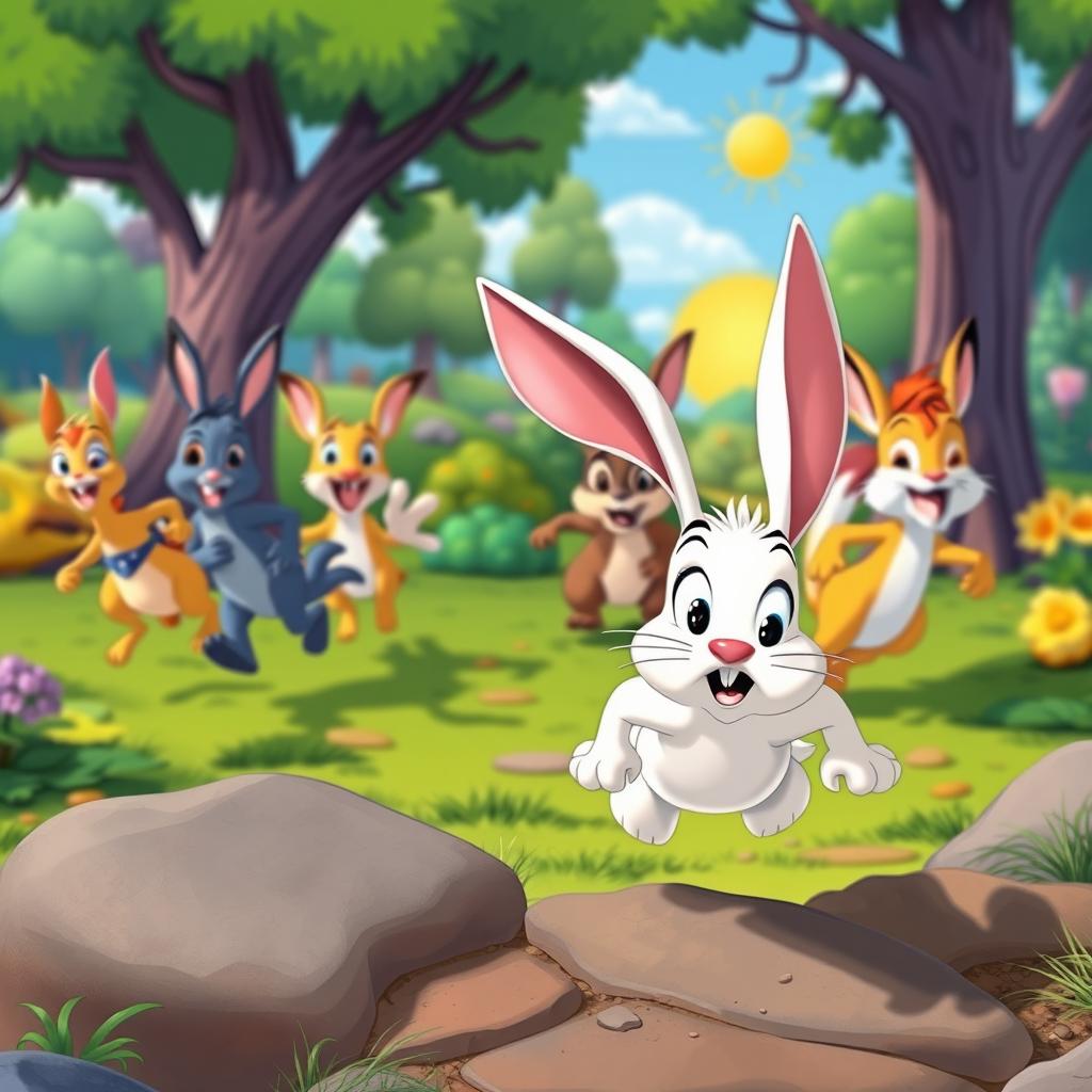 In a vibrant animated cartoon style, a scene unfolds in a lively forest where several animals are playfully running ahead of a small white rabbit