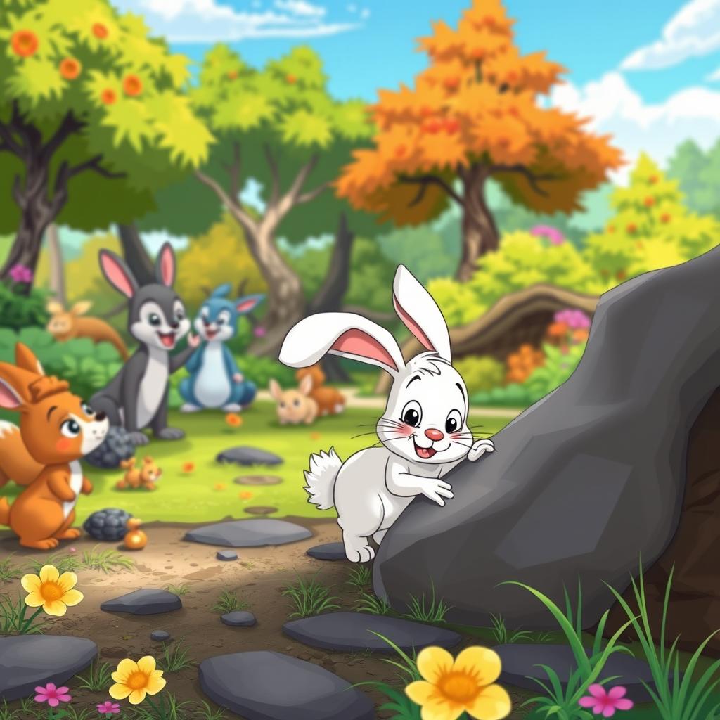 In a colorful animated cartoon style, a scene shows a group of forest animals happily gathered in the foreground, engaged in playful activities