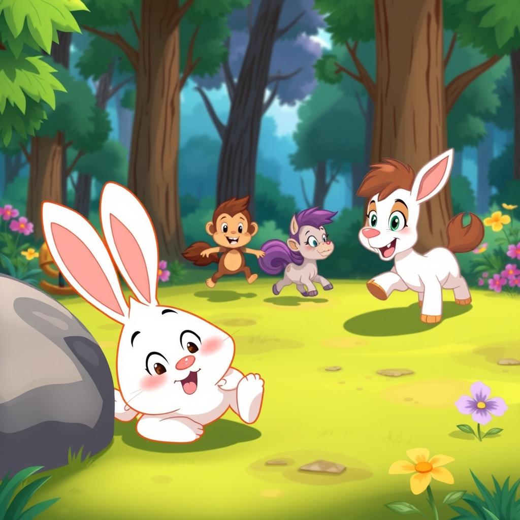 A lively animated cartoon scene in a forest where a small white rabbit has just tripped and fallen to the ground next to a rock, showing a surprised expression
