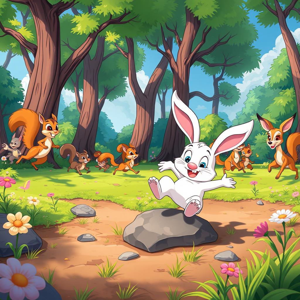 A colorful animated cartoon scene depicting a forest where several animals are energetically running in the foreground
