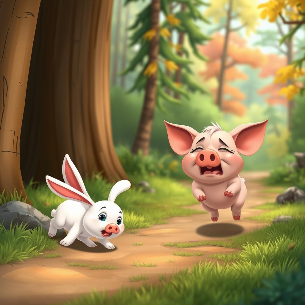 In a lively animated cartoon style, a scene captures a cute little pig breathlessly running along a forest path, looking both determined and slightly exhausted