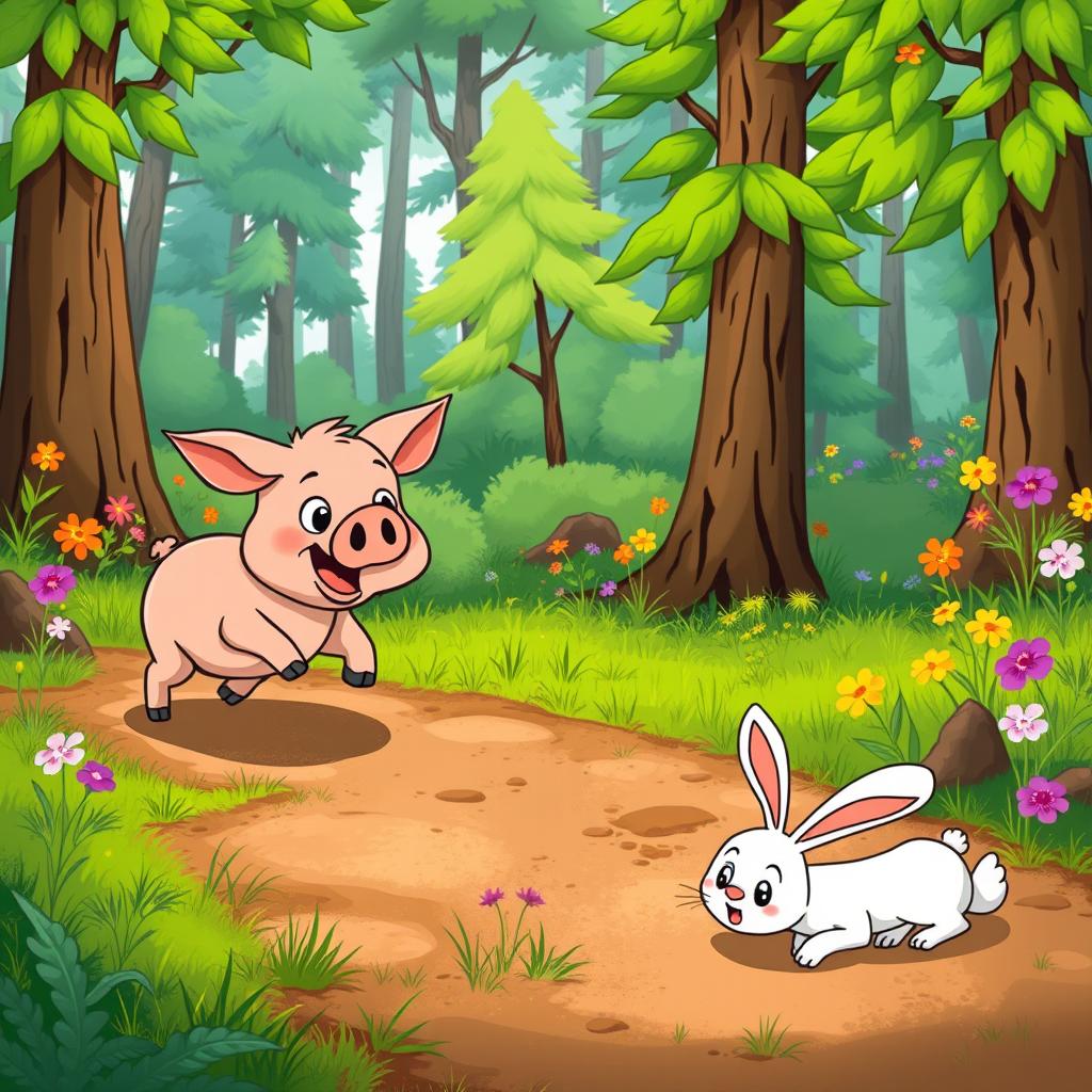 A whimsical animated cartoon scene set in a vibrant forest where a small, panting pig is running along a path, looking determined but a bit out of breath