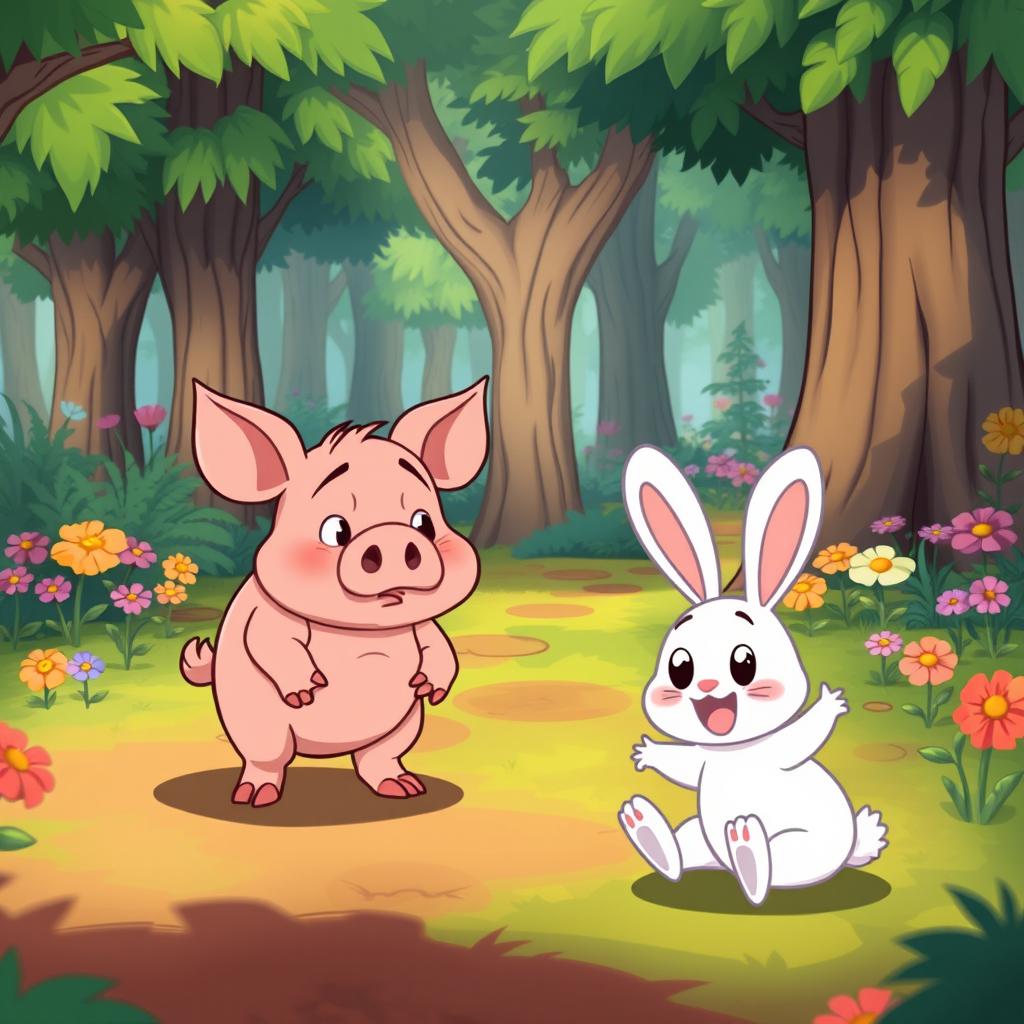 A charming animated cartoon scene set in a vibrant forest featuring a small, panting pig standing on the ground, looking a bit tired but determined