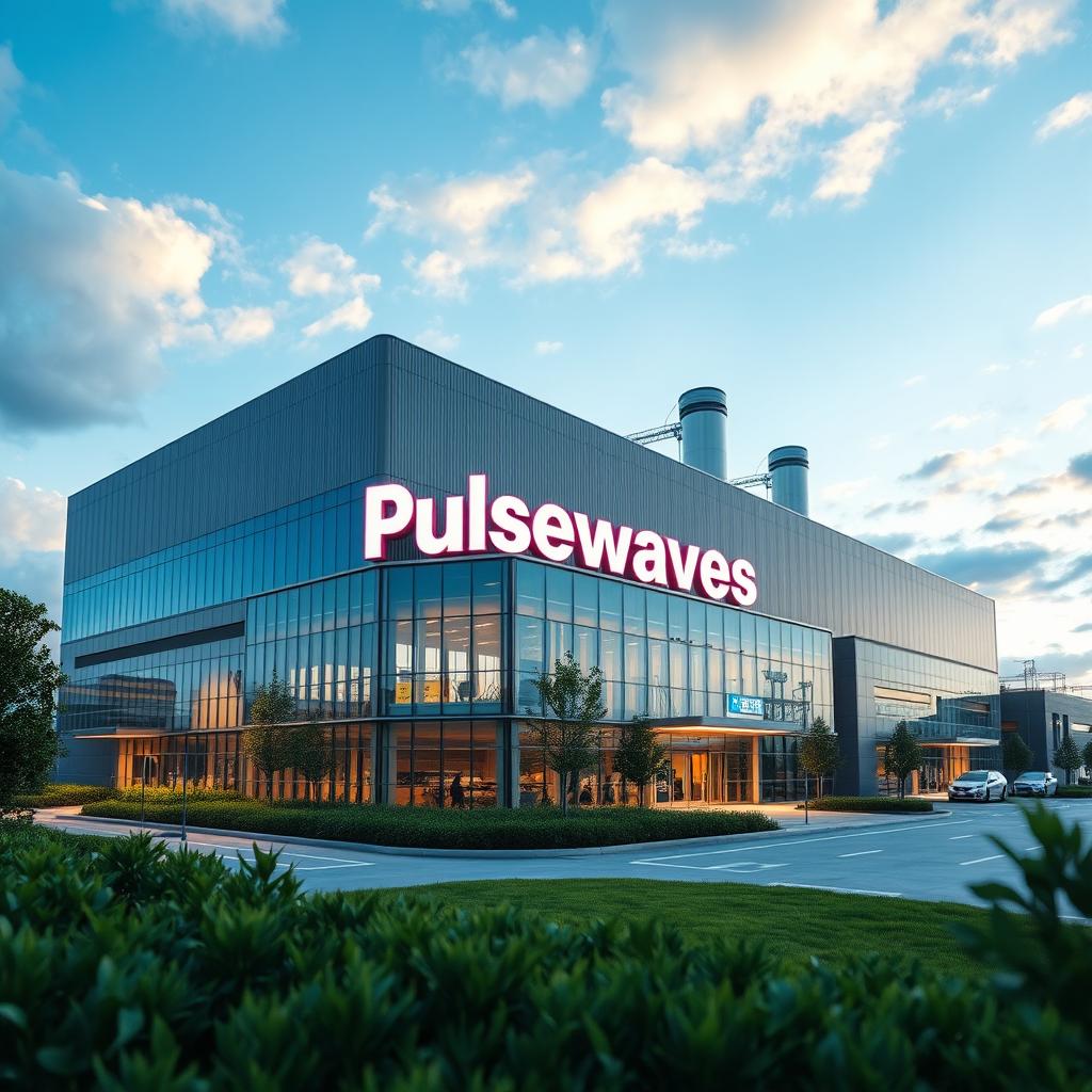 A sleek and modern factory building named 'Pulsewaves' showcasing its futuristic architecture