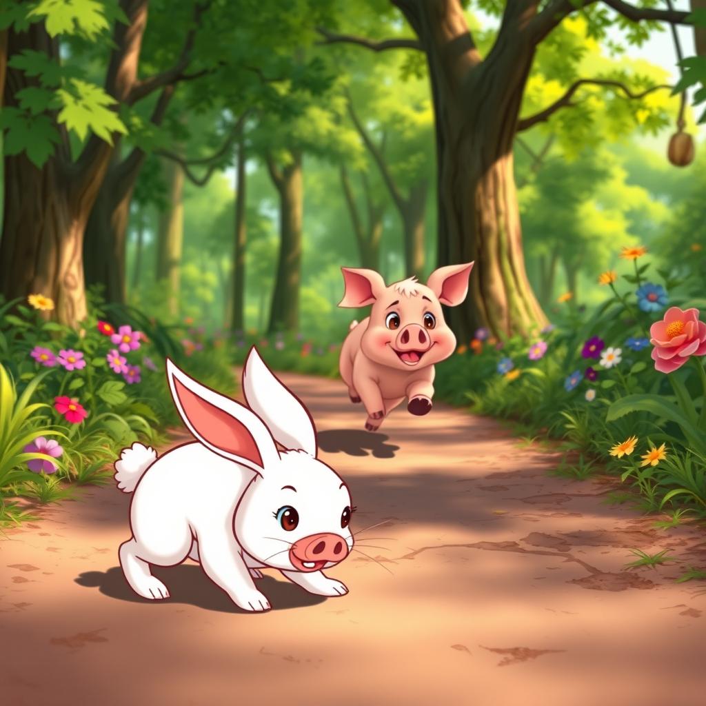 In a vibrant animated cartoon style, a scene unfolds featuring a cute little pig running energetically along a forest path