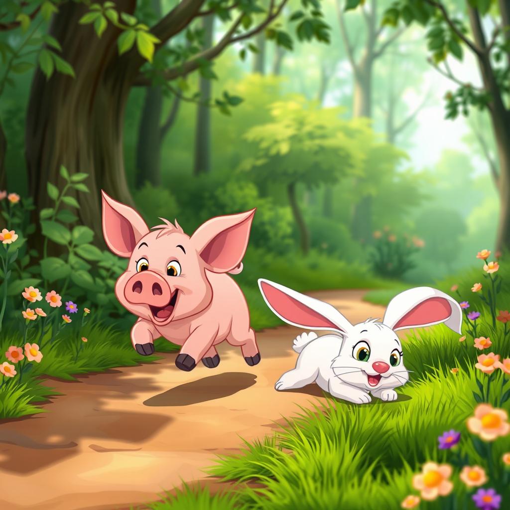 In a vibrant animated cartoon style, the scene depicts a cute little pig running energetically along a forest path, visibly panting with excitement