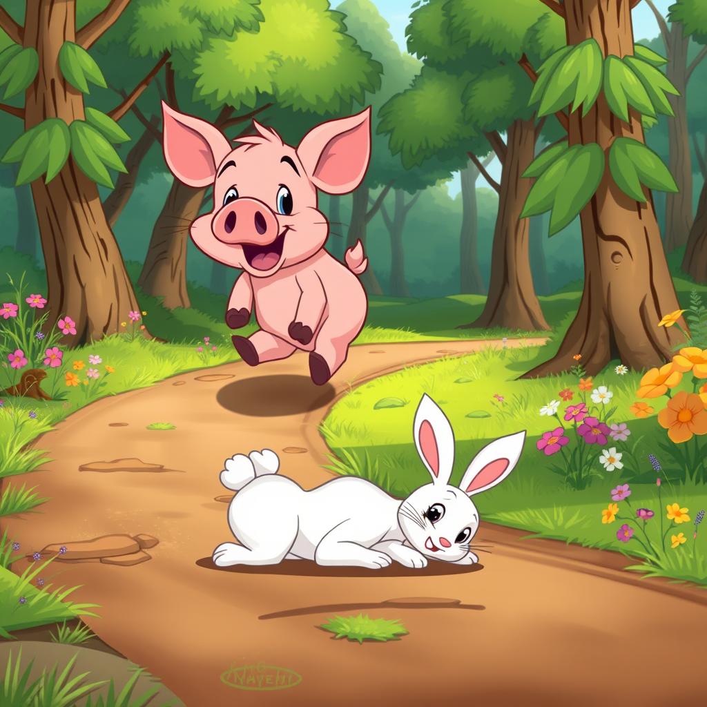 A delightful animated cartoon scene set in a lively forest where a small, panting pig is energetically running down a path