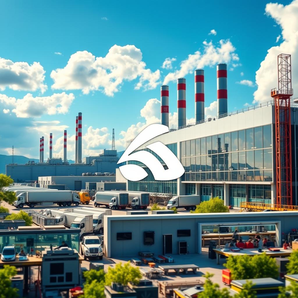 A vibrant and dynamic scene of a large factory complex dedicated to manufacturing electronic products