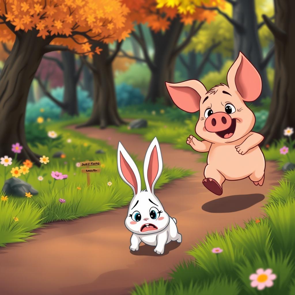 In a lively animated cartoon style, the scene depicts a cute little pig running energetically along a forest path, visibly panting and looking determined