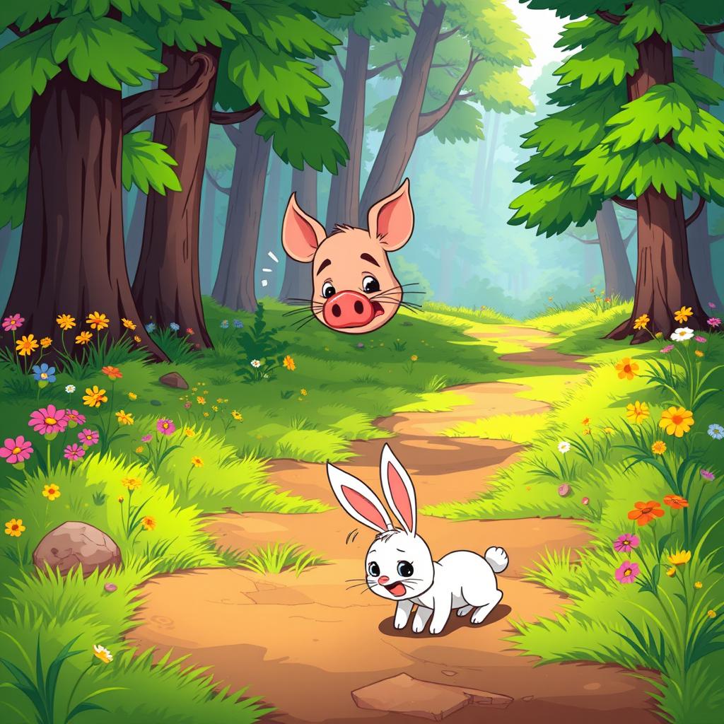 A lively animated cartoon scene set in a vibrant forest, where a small pig is depicted running along a path, sweating profusely to show its effort and determination