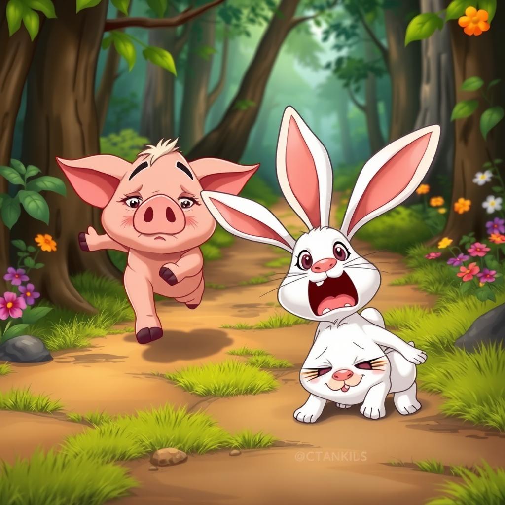 In a lively animated cartoon style, the scene features a cute little pig dashing along a forest path, beads of sweat clearly visible on its forehead, showing it is giving its all while running