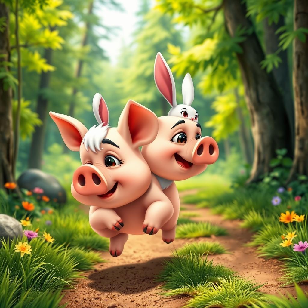 In a lively animated cartoon style, the scene showcases a cute little pig running along a forest path, beads of sweat visible on its forehead as it exerts itself