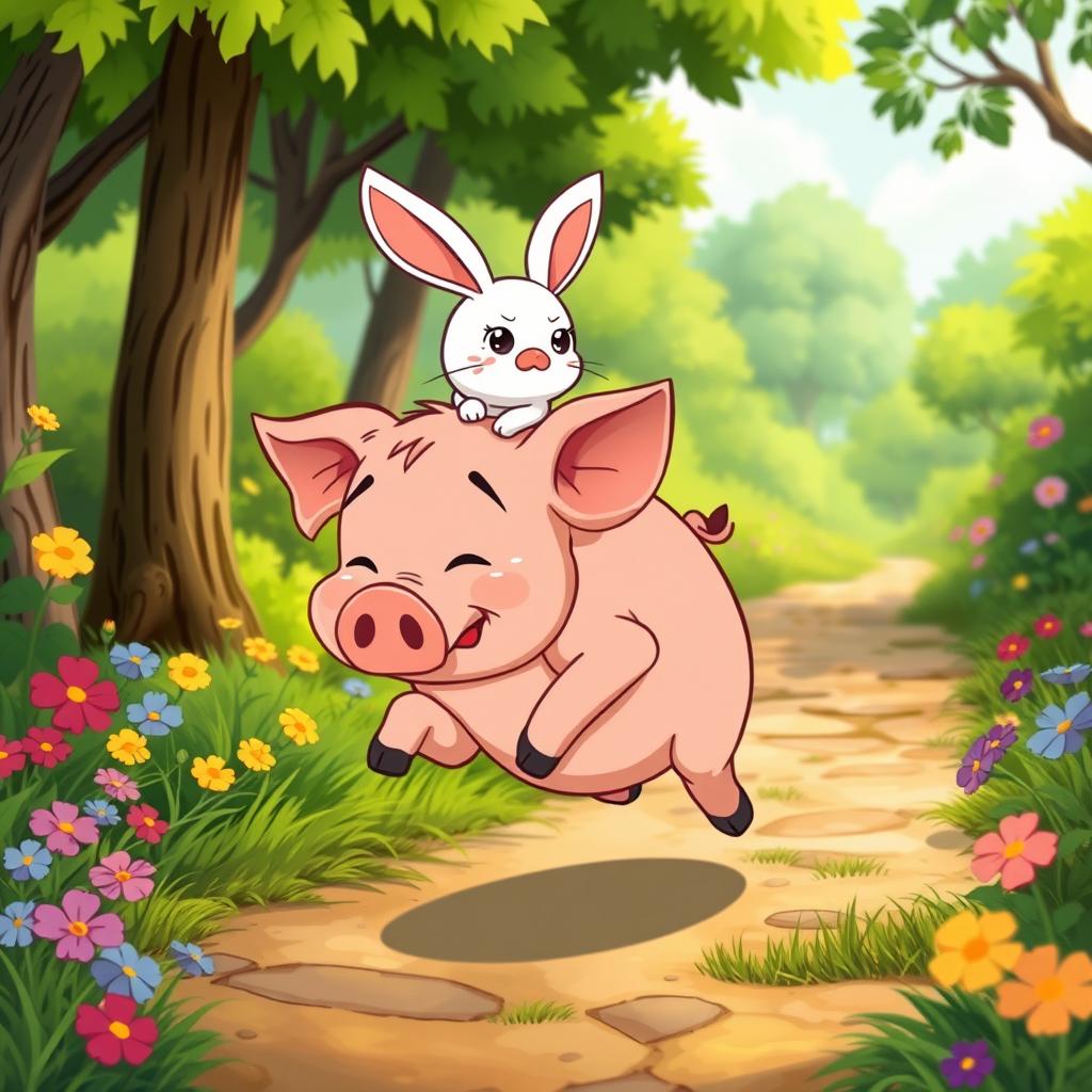 A lively animated cartoon scene set in a vibrant forest where a small pig is energetically running down a path, covered in sweat to show its effort