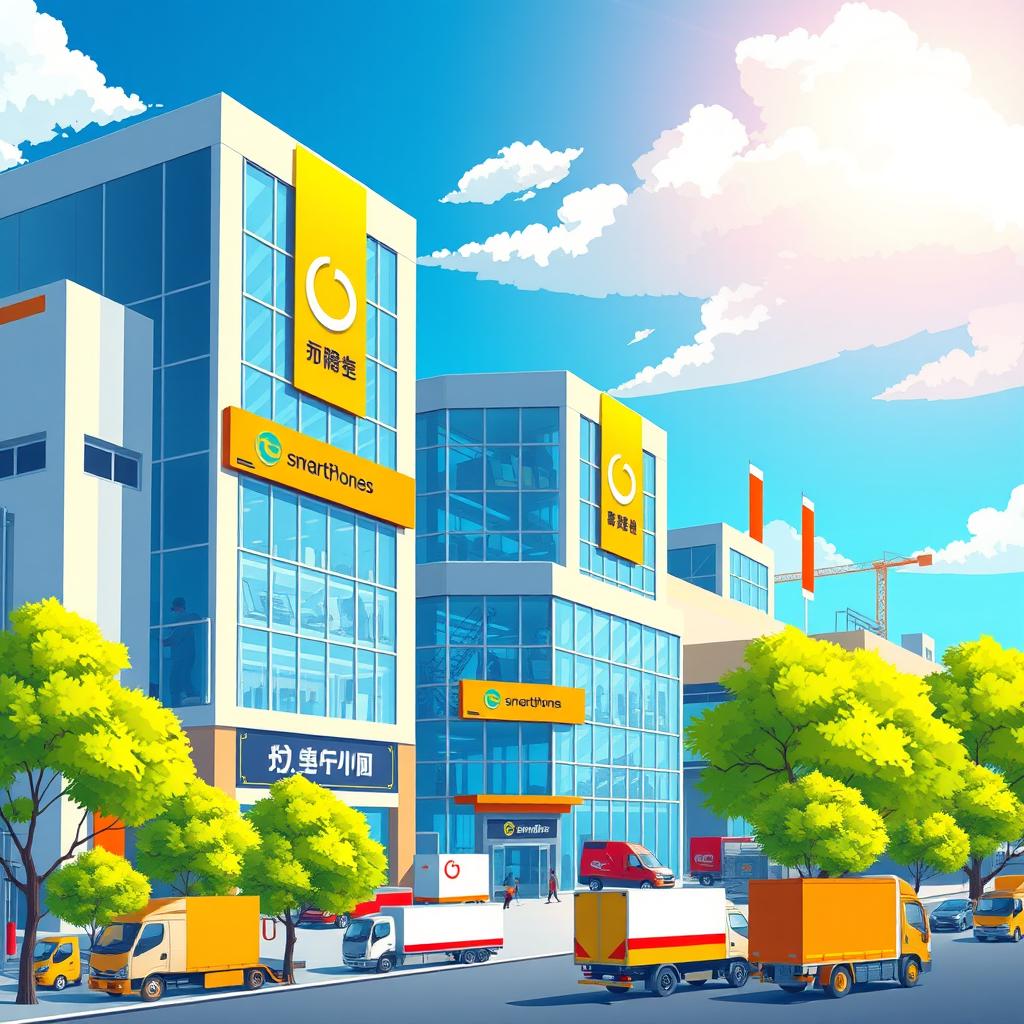 A vibrant and dynamic illustration of a large electronic manufacturing factory bustling with activity