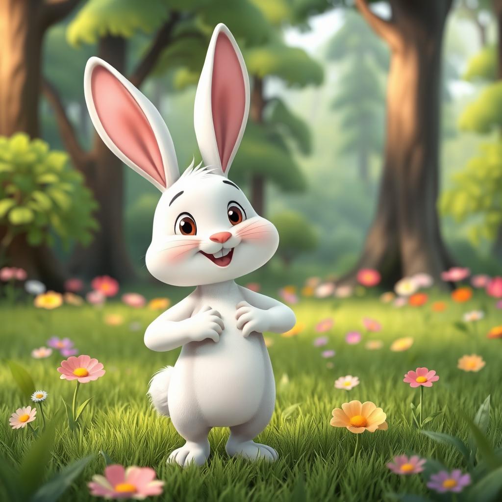 A charming animated cartoon scene set in a lush green forest, featuring a small white rabbit with a proud expression