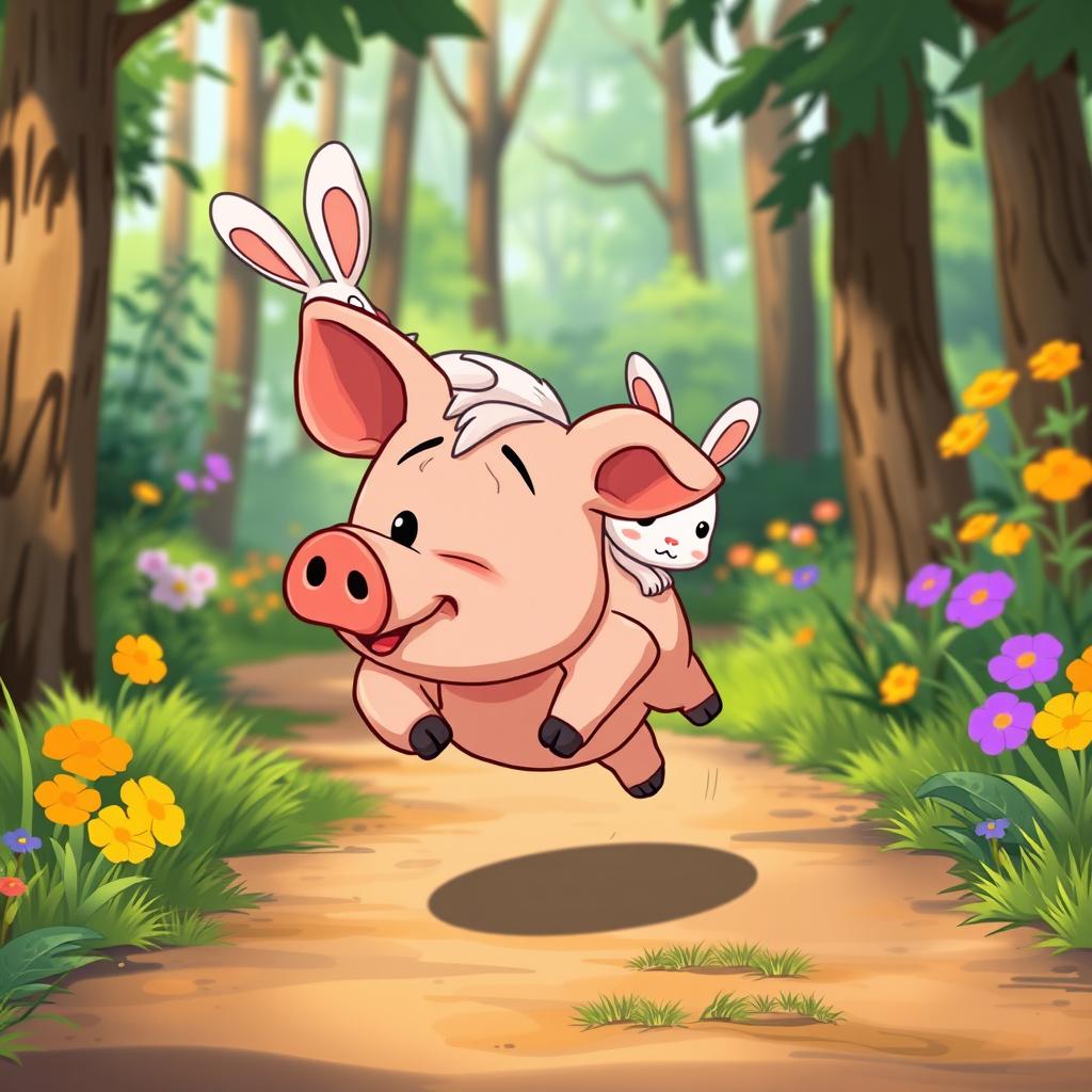 In a whimsical animated cartoon style, the scene depicts a cute little pig running vigorously along a forest path, with beads of sweat dripping from its forehead, showcasing its effort and determination