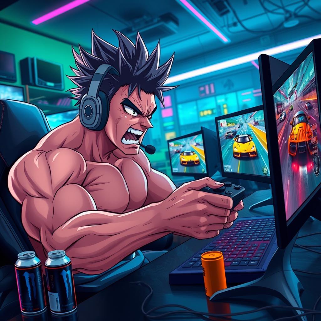 A dynamic scene depicting a muscular, spiky-haired anime character with an intense expression, furiously gaming on a high-end gaming PC