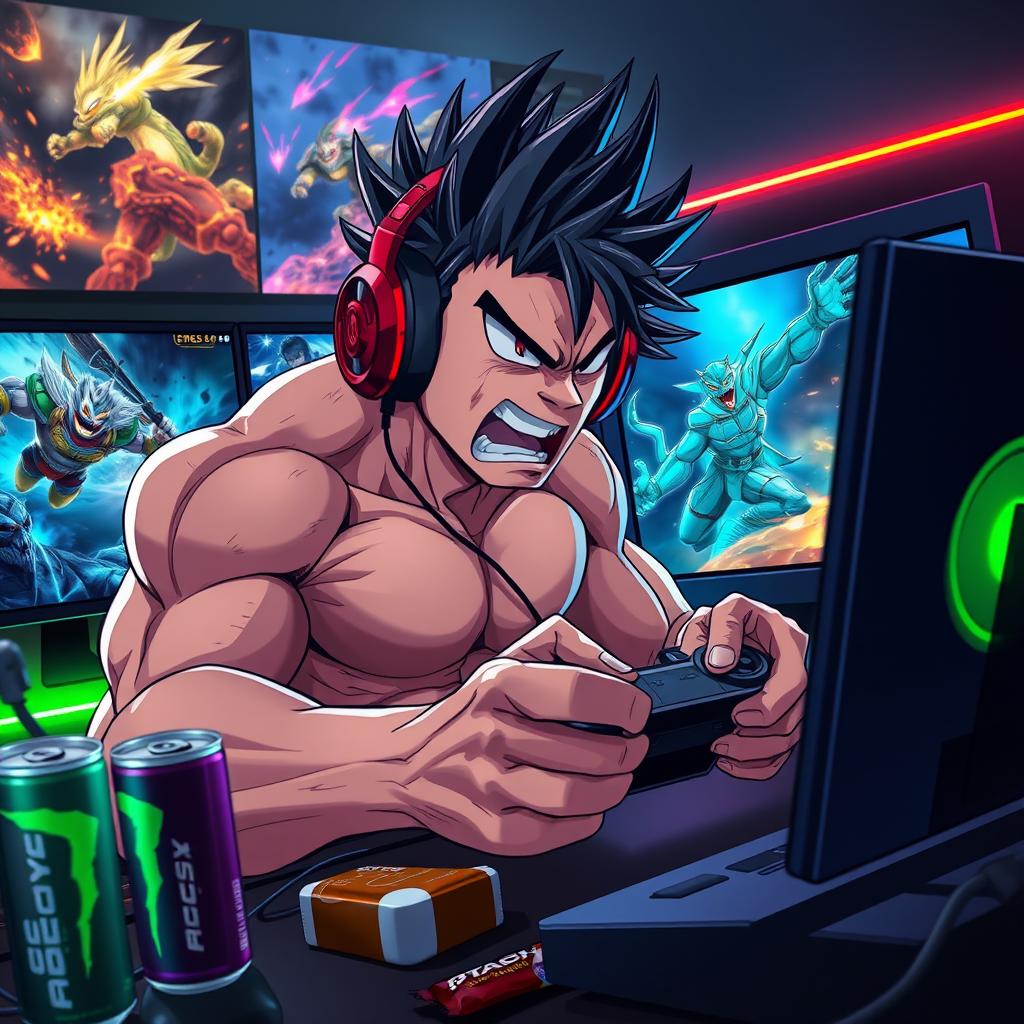 A dynamic scene featuring a muscular anime character with spiky black hair, embodying a fierce expression of frustration and rage while intensely gaming on a high-end gaming PC