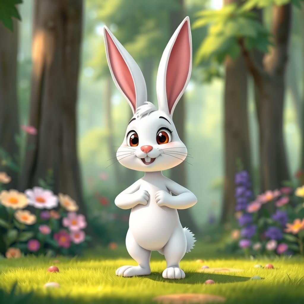 A charming animated cartoon scene set in a lush green forest, showcasing a small white rabbit with a proud and confident expression