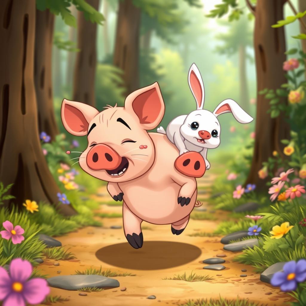 In a charming animated cartoon style, the scene captures a cute little pig energetically running down a forest path, with sweat beads adorning its forehead, signaling its effort