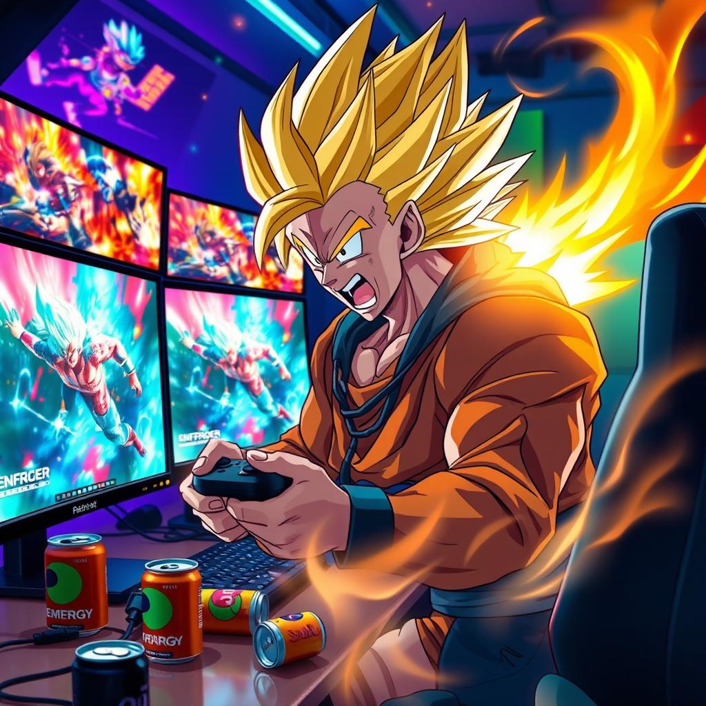 An intense scene showcasing a powerful anime character with spiky golden hair and a fiery aura, transforming into Super Saiyan while gaming fiercely on a high-end gaming PC