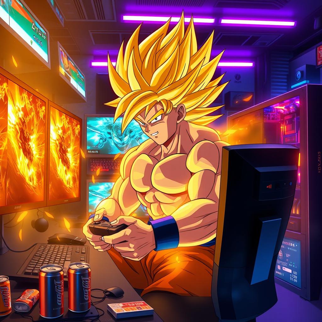 An epic scene featuring a muscular anime character with spiky golden hair, mid-transformation into Super Saiyan while gaming intensely on a high-performance PC