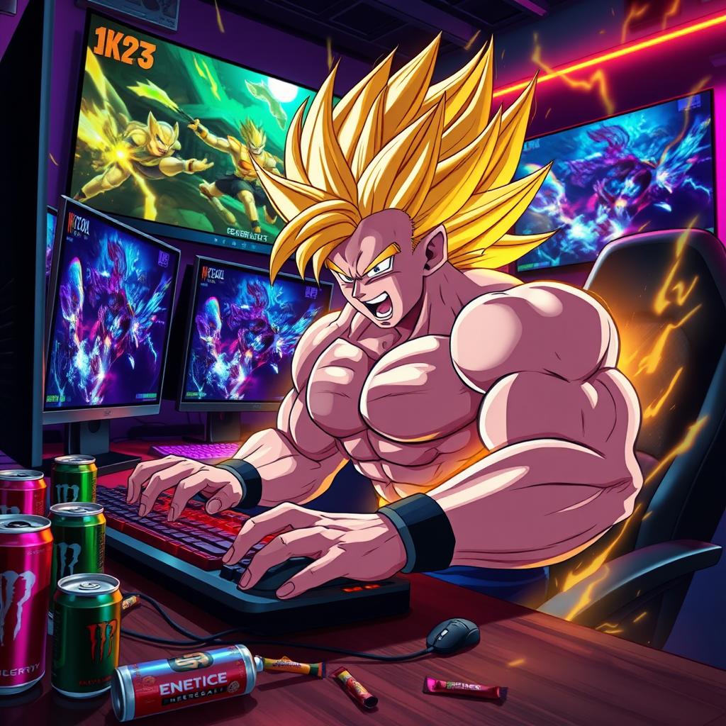 An intense scene featuring a muscular anime character with spiky golden hair, mid-transformation into Super Saiyan, while furiously gaming on a mouse and keyboard setup