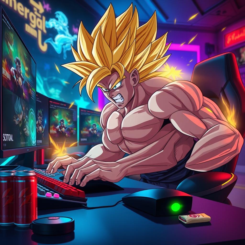 A dynamic scene depicting a muscular anime character with wild spiky golden hair, furiously transforming into Super Saiyan while gaming on a mouse and keyboard