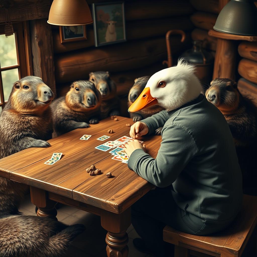 A whimsical scene featuring a person with a duck's head sitting at a wooden table surrounded by capybaras