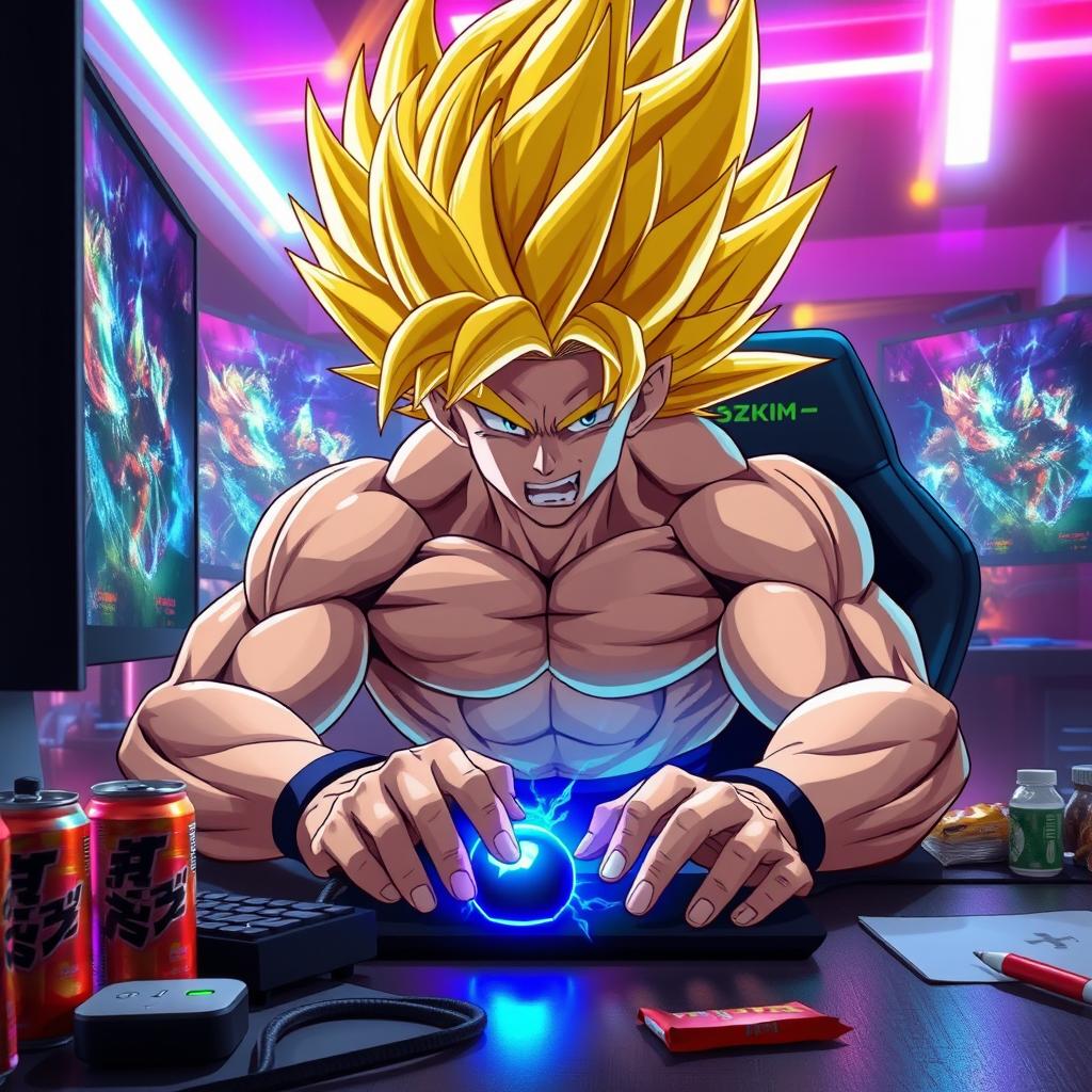 A dramatic scene featuring a muscular anime character with wild spiky golden hair, in the midst of transforming into Super Saiyan while gaming passionately on a mouse and keyboard