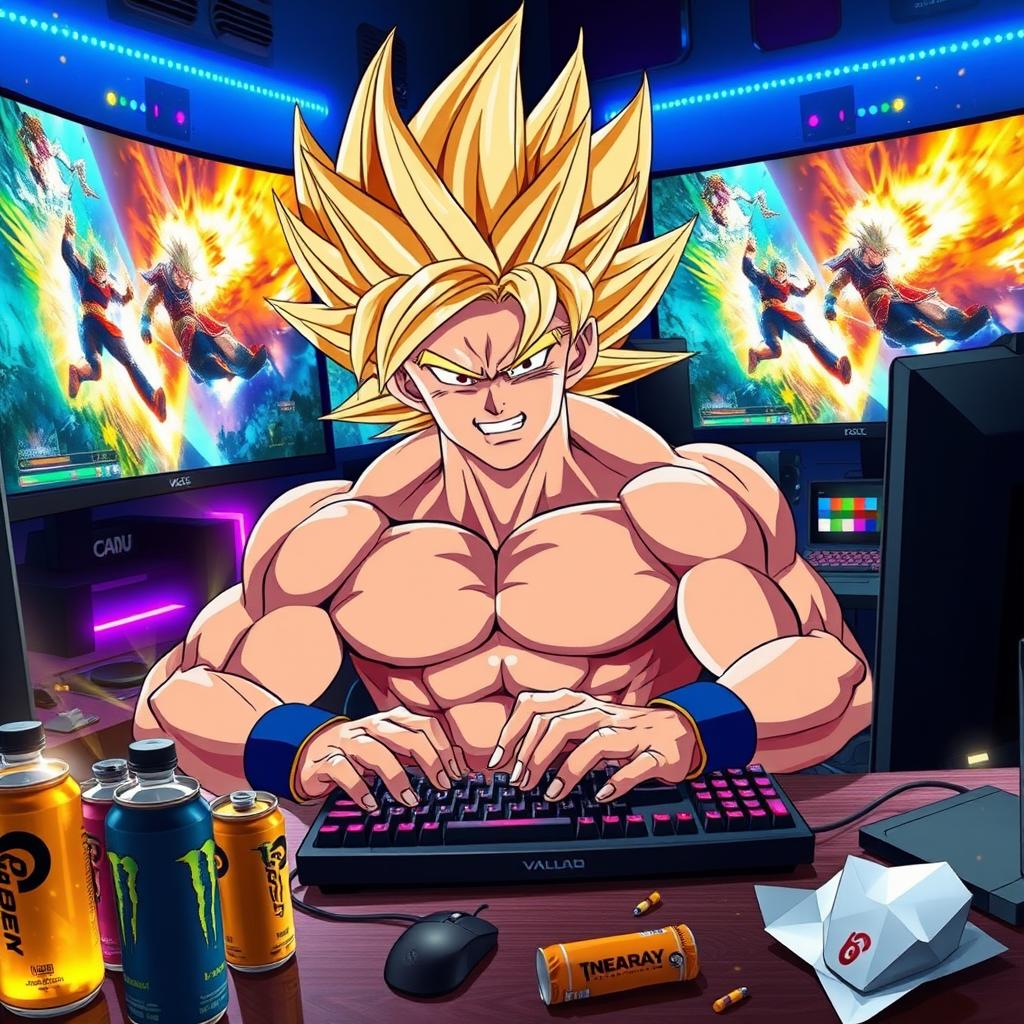 An epic scene showcasing a muscular anime character with spiky golden hair, fiercely transforming into Super Saiyan while intensely gaming on a mouse and keyboard