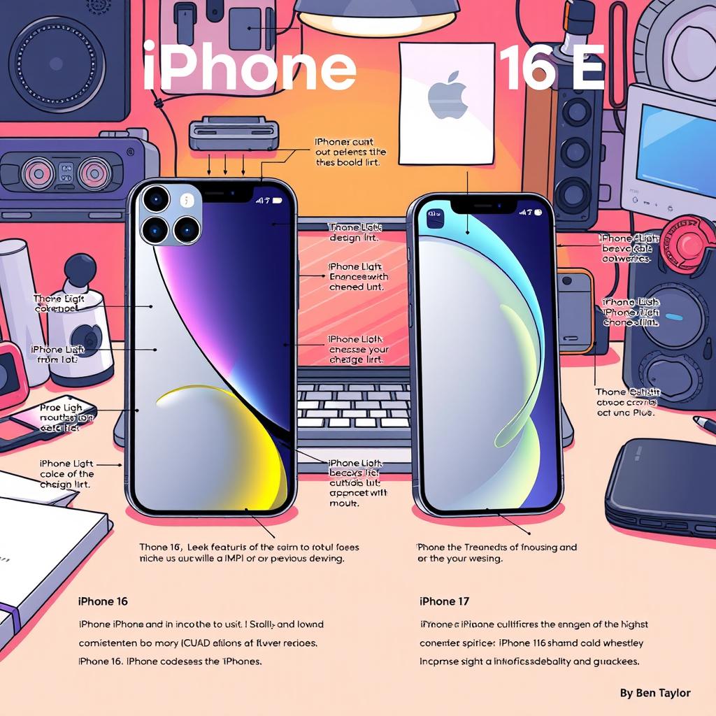 A detailed and artistic illustration of the iPhone 16 and iPhone 16 E by Ben Taylor, showcasing the sleek design and modern features of both devices