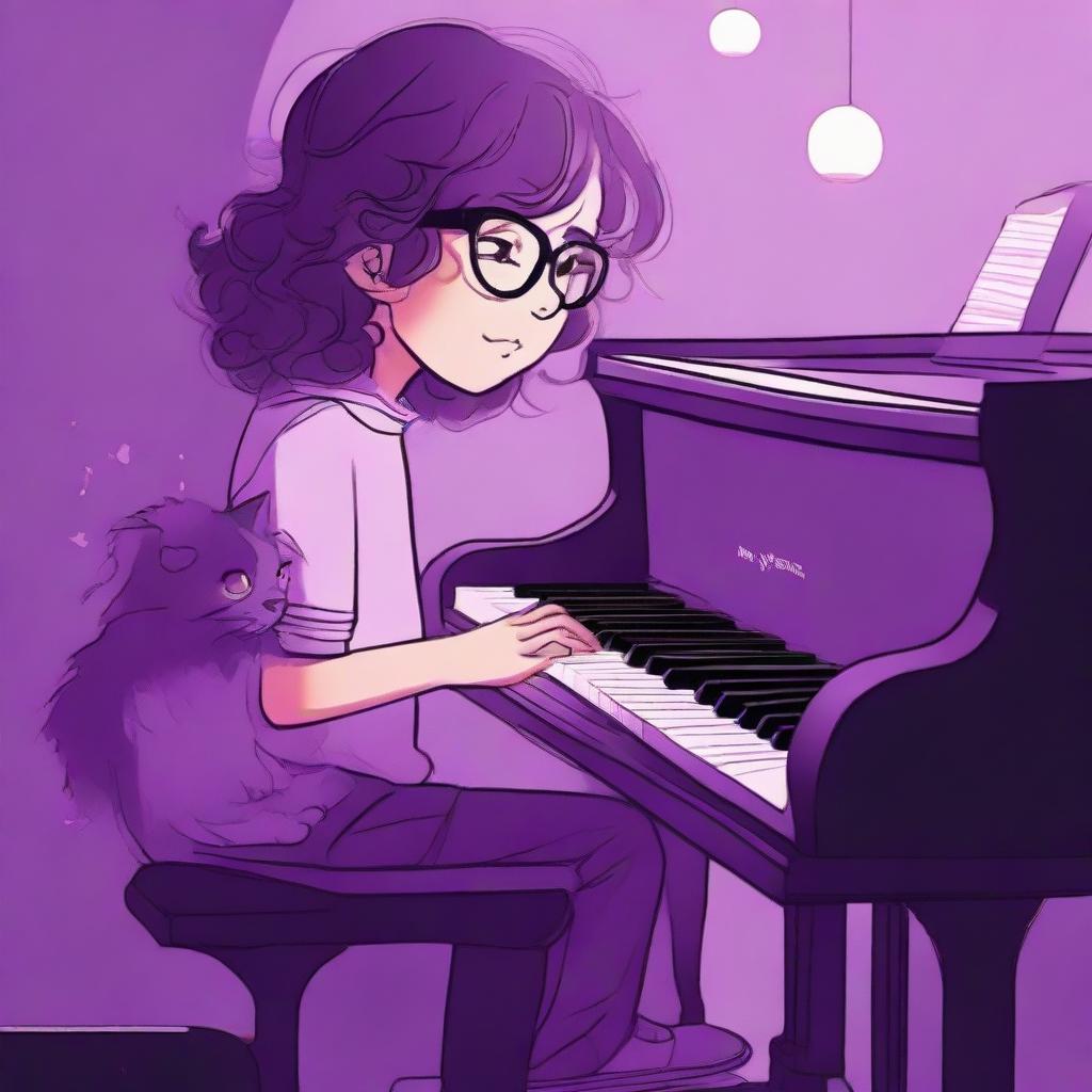 A boy with wavy long hair and glasses playing a piano, accompanied by his cat on a sofa, under dim purple lighting.