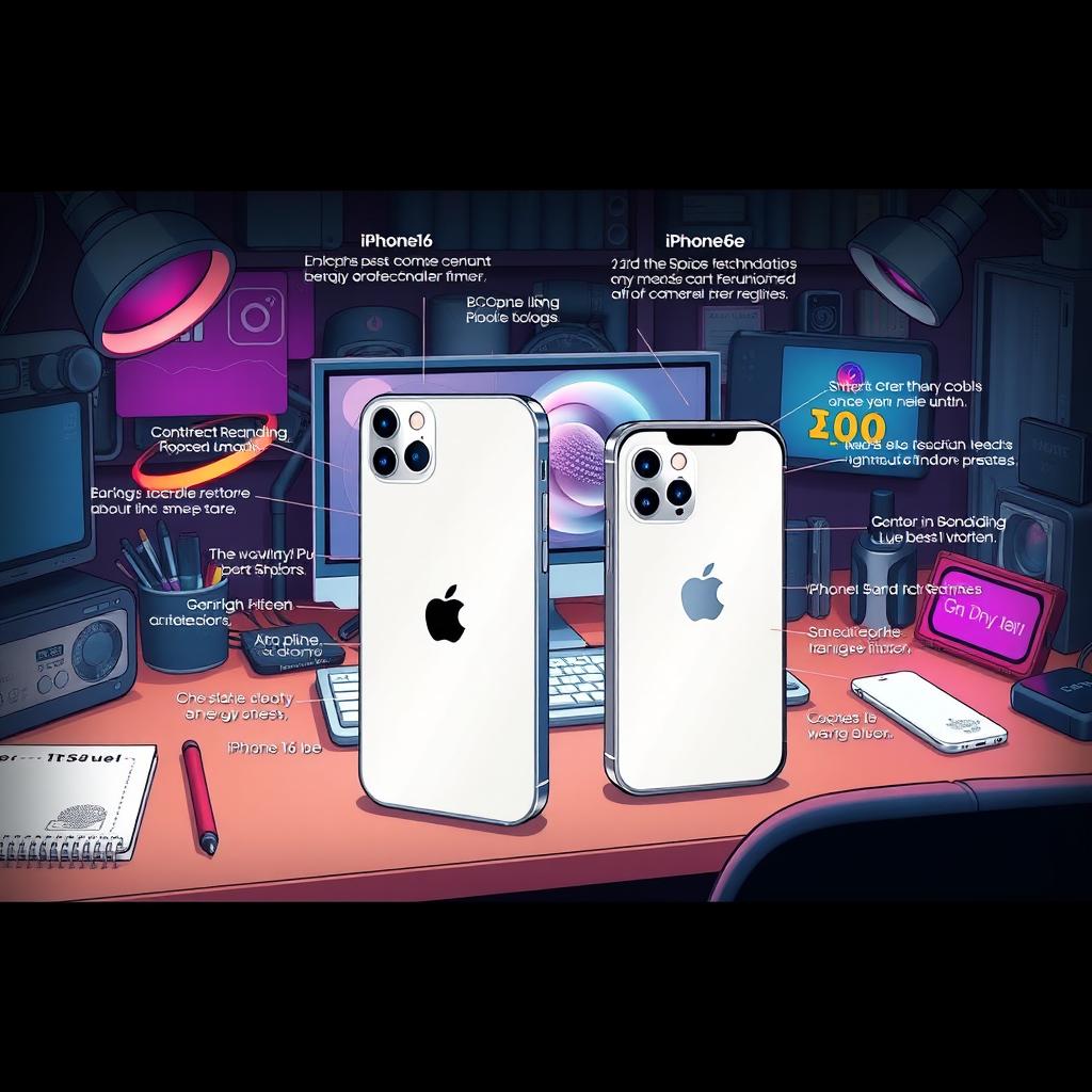 A detailed and artistic illustration of the iPhone 16 and iPhone 16e by Ben Taylor, designed in a step-by-step format that highlights the sleek design, modern features, and technological advancements of both models