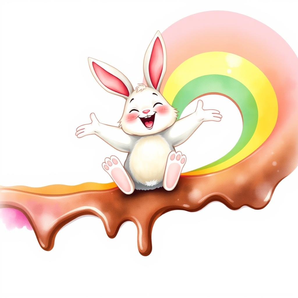 A joyful unisex Easter bunny sliding down a vibrant rainbow made of melted chocolate, laughing with open arms, capturing a sense of childlike imagination and wonder